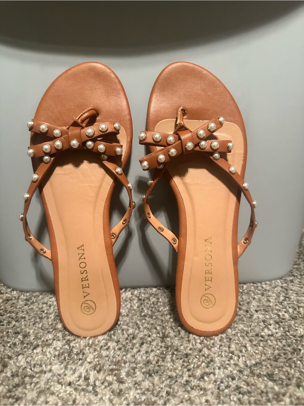Versona Tan Pearl Bow Toe-Post Sandals